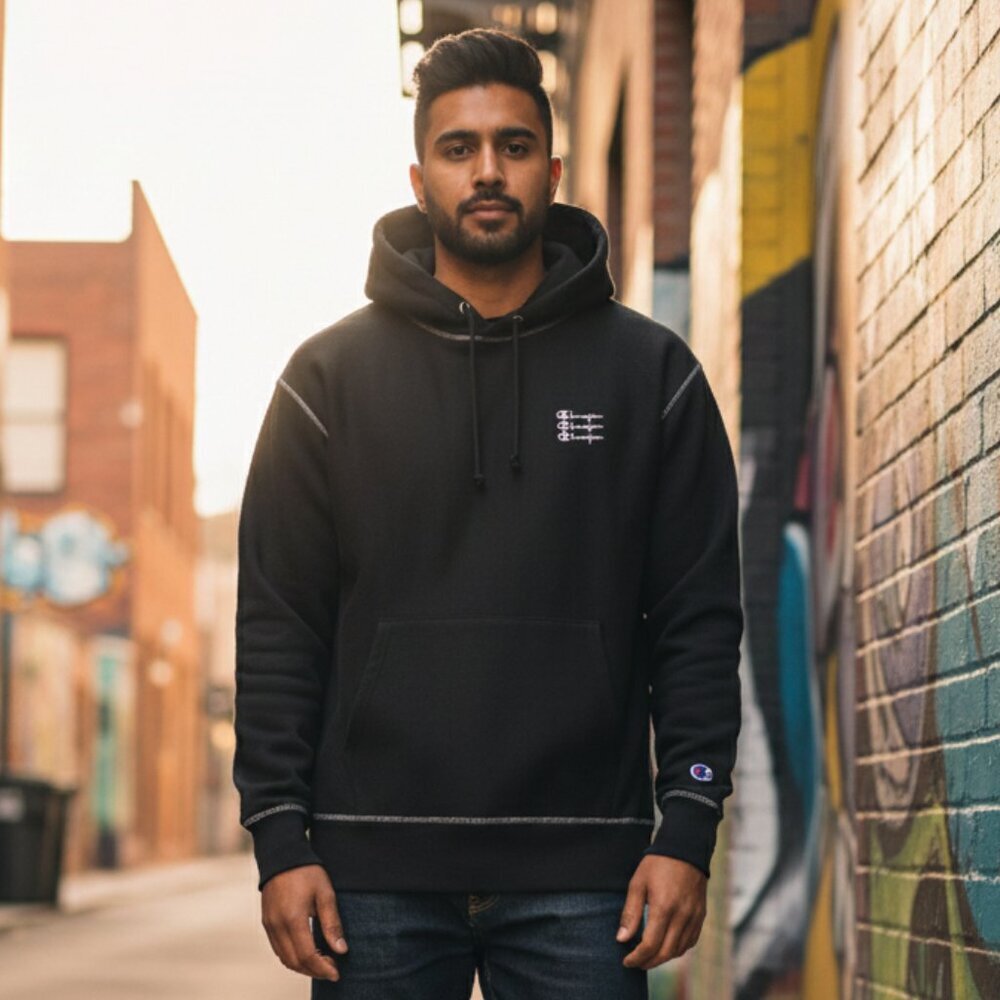 Champion Reverse Weave Black Hoodie XL Triple Script Logo Contrast Heavyweight